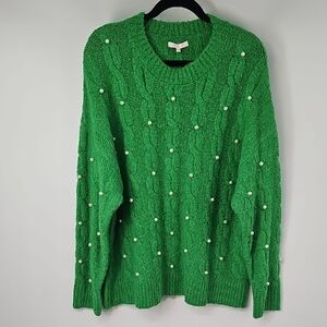 Skies Are Blue Green Cable Knit Sweater wPearl Accent Dainty Fem St Patricks Day